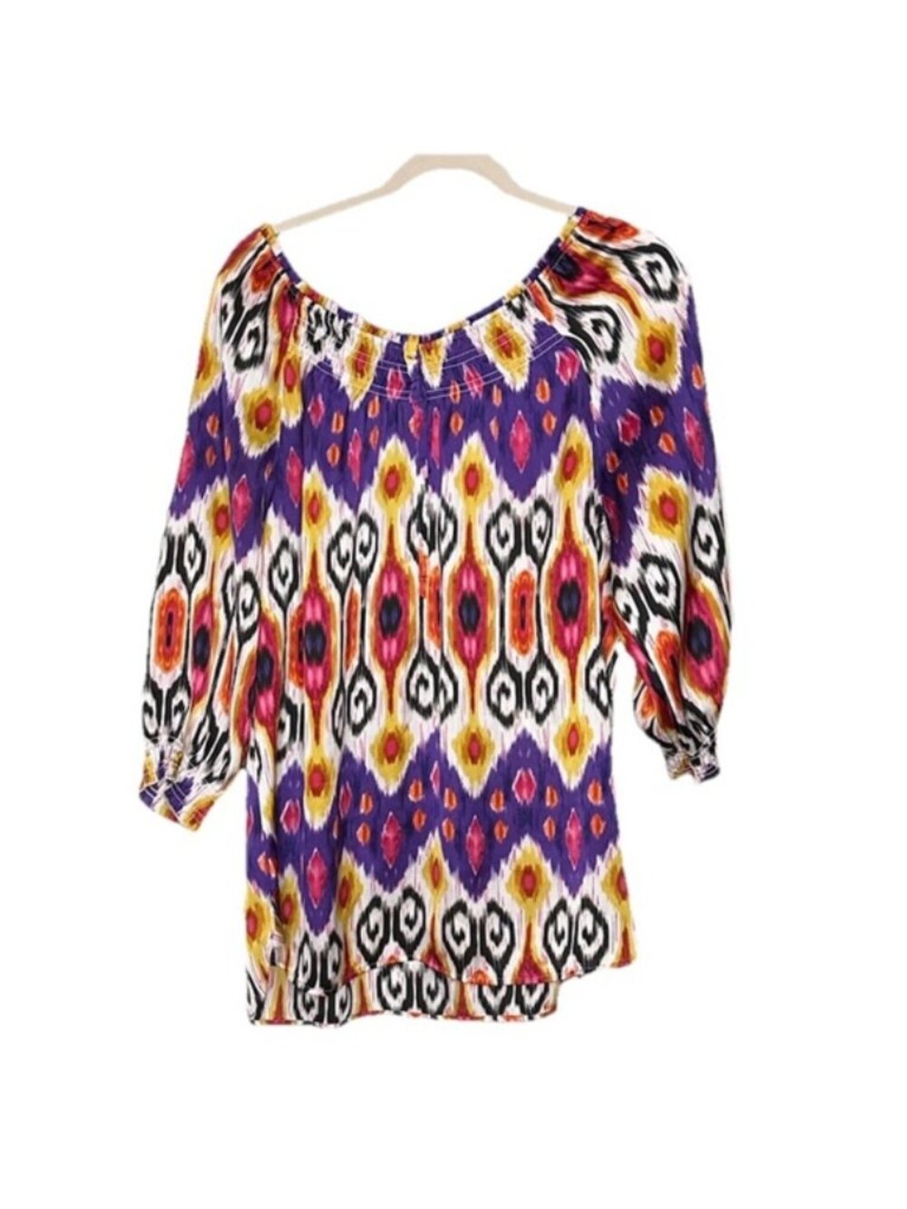 Chicos 2‎ Women Large Multi Color Ikat Print 3/4 Sleeve Peasant Blouse Smocked